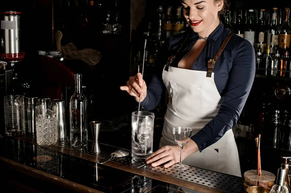 Smiling Female Bartender White Apron Stirring Alcoholic Drink Glass Ice — Stock Photo, Image