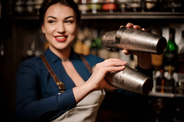 Attractive Bartender Girl White Apron Holding Her Hands Two Steel — Stock Photo, Image