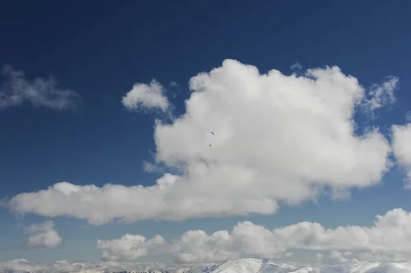 lovers of extreme sports plan on a paraglider against the blue sky with white clouds