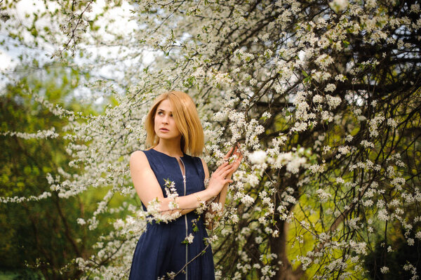 Beautiful young blonde woman in a blue dress standing near the white cherry blooming tree on the background of a green lawn