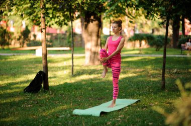 Genç kadının sıcak güneşli yaz gününde bir parkta yeşil çimenlerin üzerinde Yoga egzersizleri yapması