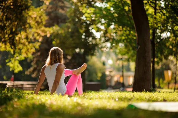 Back View Young Woman Doing Yoga Exercises Sitting Grass Green — Stock Photo, Image