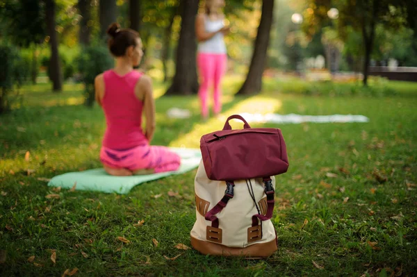 Backpack Grass Green Park Summer Day Background Women Doing Yoga — Stock Photo, Image