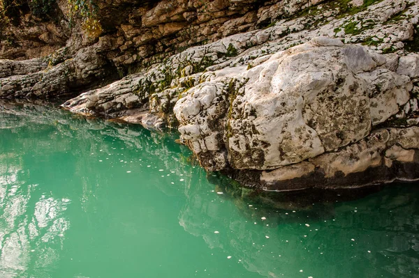 Rocher recouvert de mousse sur la rive verte de la rivière de montagne — Photo