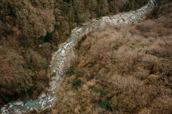 Vue de dessus de la rivière de la forêt azurée coulant parmi les rochers et les arbres jaunes dans le canyon de Martvili — Photo