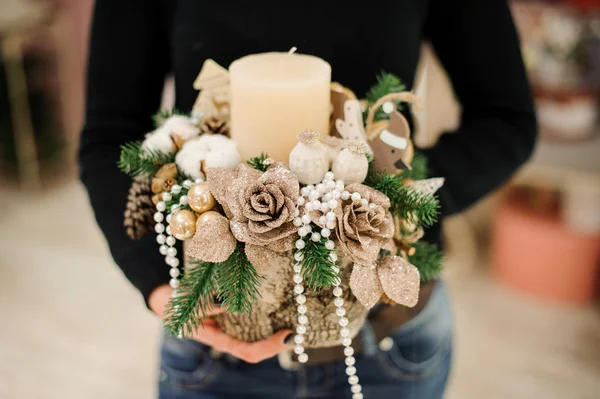 Woman Holding Stylish Christmas Composition Made Candle Beige Roses Balls — Stock Photo, Image