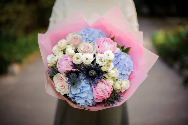 Girl White Sweather Holding Her Hands Bouquet Tender White Blue — Stock Photo, Image