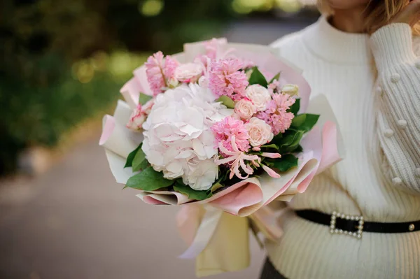 Girl White Sweather Holding Her Hands Huge Bouquet Tender Pink — Stock Photo, Image