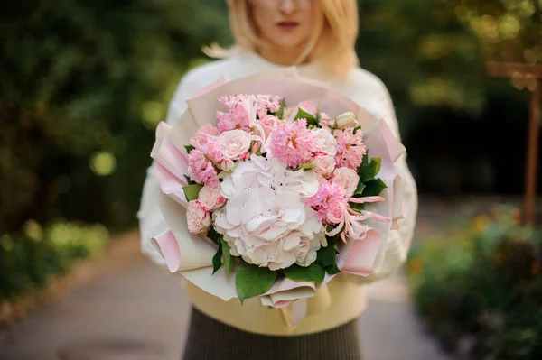 Woman White Sweather Holding Her Hands Huge Bouquet Tender Pink — Stock Photo, Image