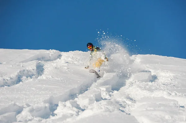 Snowboarder Στο Φωτεινό Sportswear Ιππασία Κάτω Από Έναν Λόφο Χιονισμένο — Φωτογραφία Αρχείου