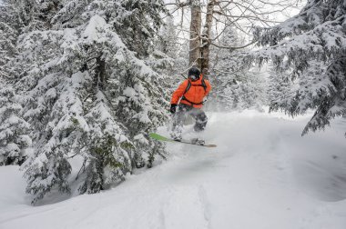 Adam yeşil snowboard yakınındaki dağ turistik tatil Goderzi, Gürcistan'daki ağaçlarda tepeden aşağı sürme