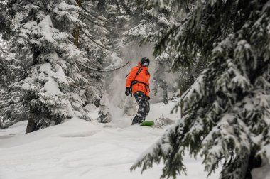 Adam dağ turistik tatil Goderzi, Gürcistan'daki ağaçların arasında yeşil snowboard toz karda tepeden aşağı sürme