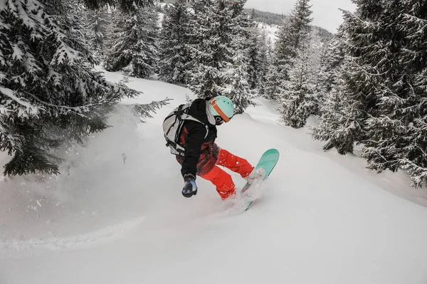 Férfi Snowboardos Lovaglás Dombról Porított Hegyvidéki Üdülőhelyen Grúziában Goderzi Fák — Stock Fotó