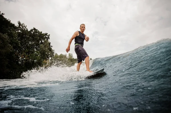 Side View Active Boy Standing Wakeboard Having Healthy Summertime River — Stock Photo, Image