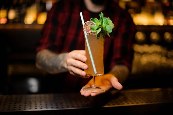 Barman Sosteniendo Vaso Sabrosa Bebida Sherry Cobbler Decorado Con Hojas — Foto de Stock