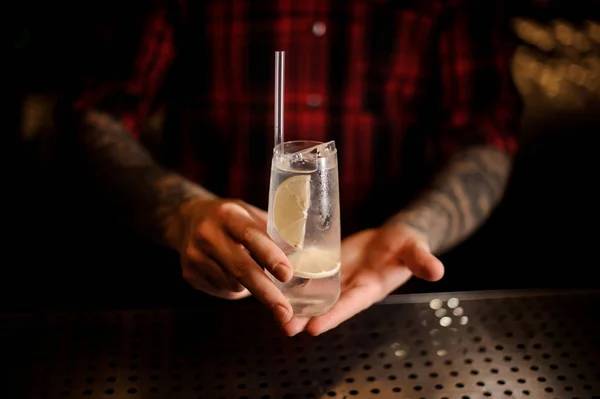 Cantinero Sirviendo Delicioso Cóctel Tom Collins Vaso Decorado Con Túbulo — Foto de Stock