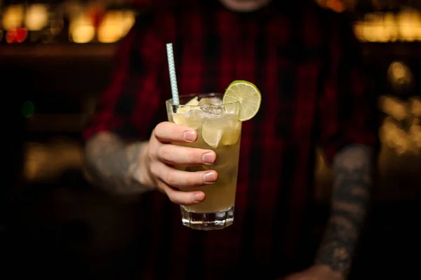 Barman sosteniendo un vaso de cóctel de mojito fresco agrio y dulce —  Fotos de Stock