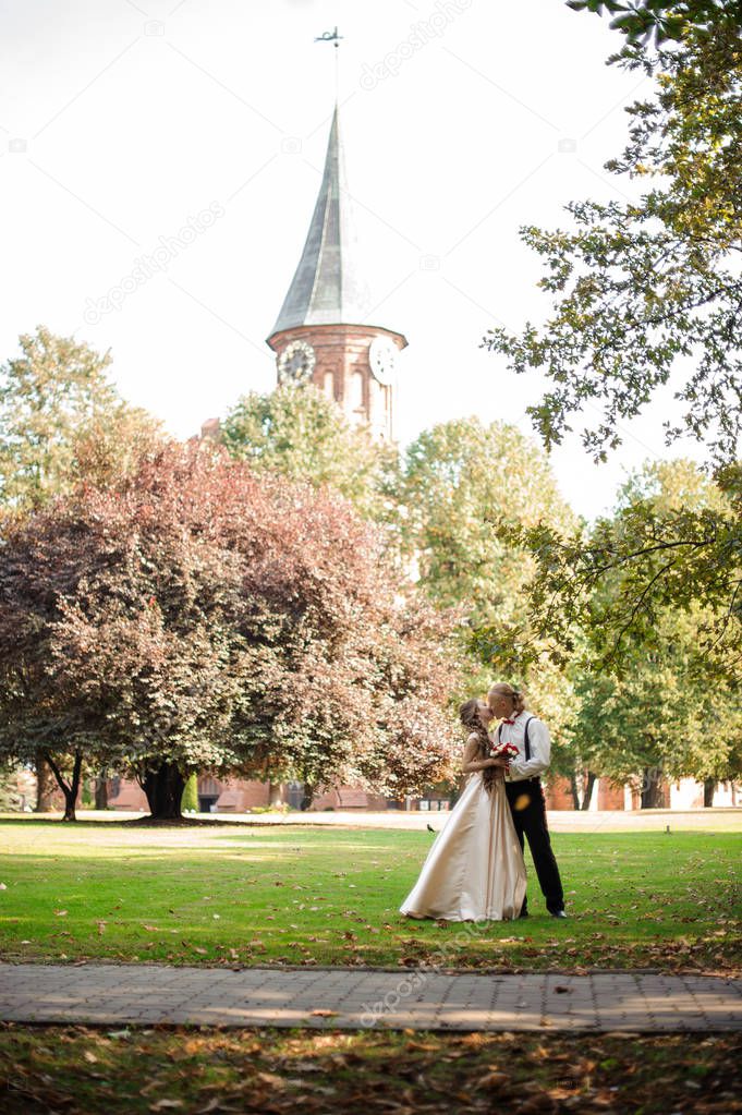 Married couple kissing on a green grass field with trees and old cathedral in background