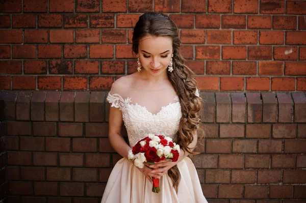 赤レンガの壁の背景の上に立ってウェディング ドレスの花嫁 — ストック写真