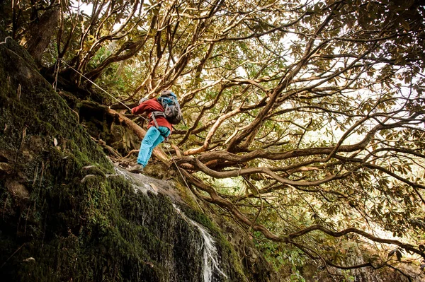 若い男はアジャラの滝で山を dulfers — ストック写真