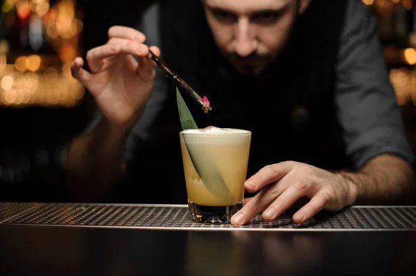 Barman zet rode bes in een cocktail met een tang — Stockfoto