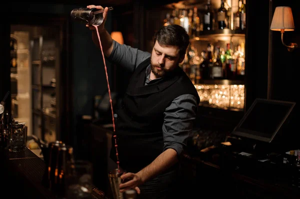 Barmen shaker bir alkol kokteyl karıştırma — Stok fotoğraf