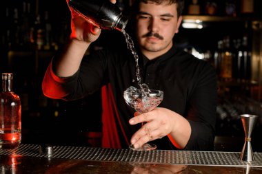 Barmen shaker ile bir alkol içeceği karıştırır