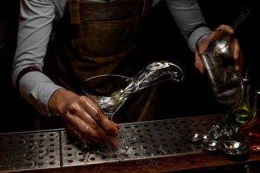 Profesyonel barmen bir zeytin ile martini cam bir alkollü içecek karıştırma