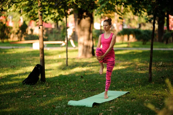 Girl in the pink sportsuit practice yoga in the park — Stock Photo, Image
