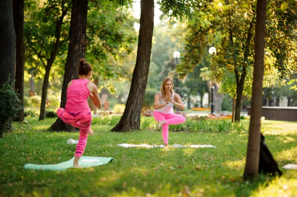 Zwei Mädchen im rosa Sportanzug praktizieren Yoga im Park — Stockfoto