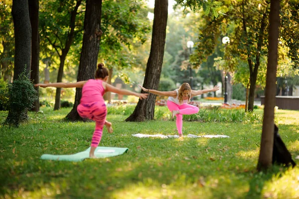 Zwei Frauen im rosa Sportanzug praktizieren Yoga im Park — Stockfoto