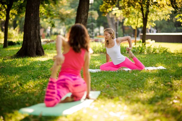 Zwei Frauen praktizieren Yoga im Park in der krummen Affenpose. — Stockfoto