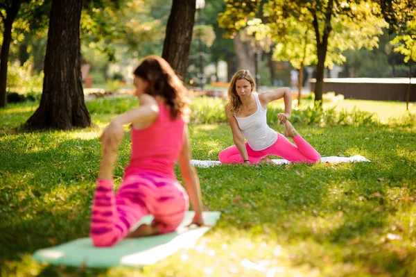 Zwei Mädchen praktizieren Yoga im Park in der krummen Affenpose. — Stockfoto