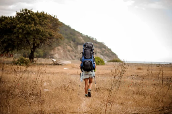 Achteruitkijk vrouw met rugzak en wandelstokken wandelen door het veld — Stockfoto