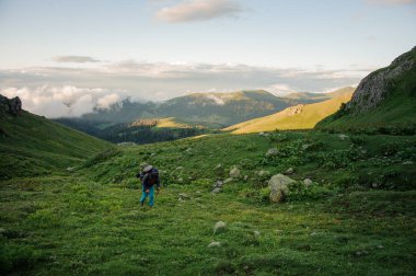 Adam yürüyüş sırt çantası ve tepede sopalarla yeşil çim alanında yürüyüş