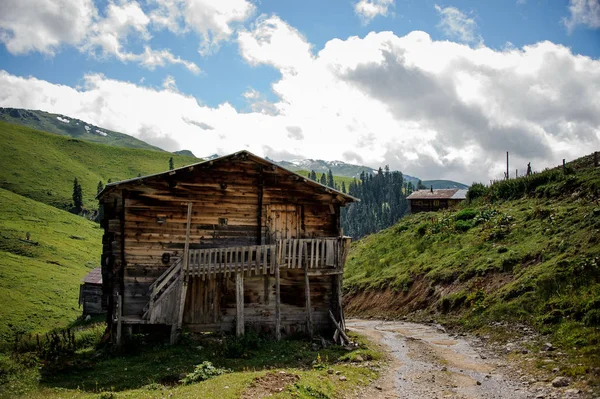 Paisagem das casas de madeira na colina no fundo das montanhas e da floresta — Fotografia de Stock