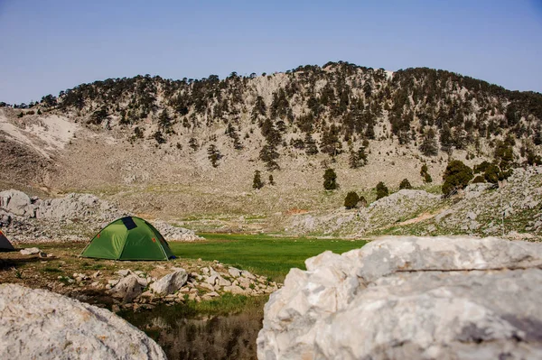 Einsames grünes Zelt in einem Gebirgstal — Stockfoto