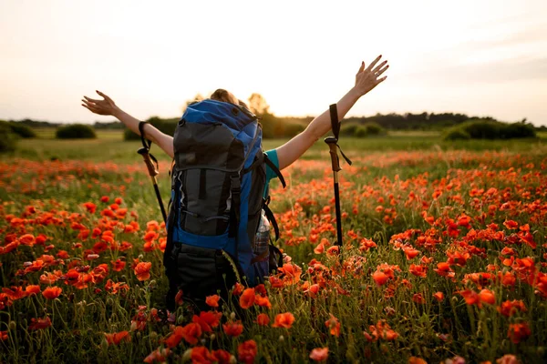 Visão traseira de turista feminino com mochila que fica no campo de papoula com as mãos para cima — Fotografia de Stock