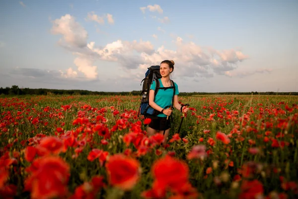 Visão de beleza jovem turista que fica no campo de papoilas vermelhas . — Fotografia de Stock