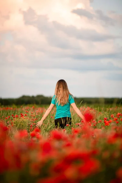 Вид ззаду красива молода жінка з довгим волоссям, яка стоїть на полі з червоними маками . — стокове фото