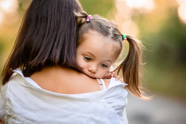 Vue arrière de la femme qui tient dans ses bras une petite fille avec des queues de cheval — Photo