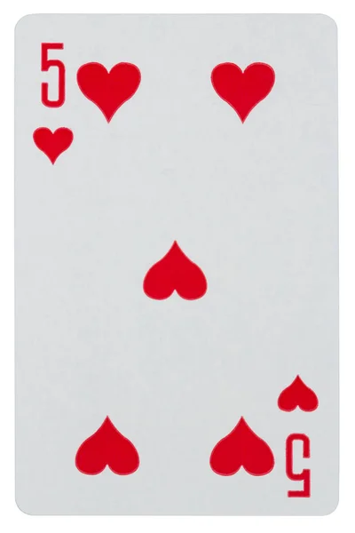 Hrací karta pět srdcová izolované na bílém — Stock fotografie