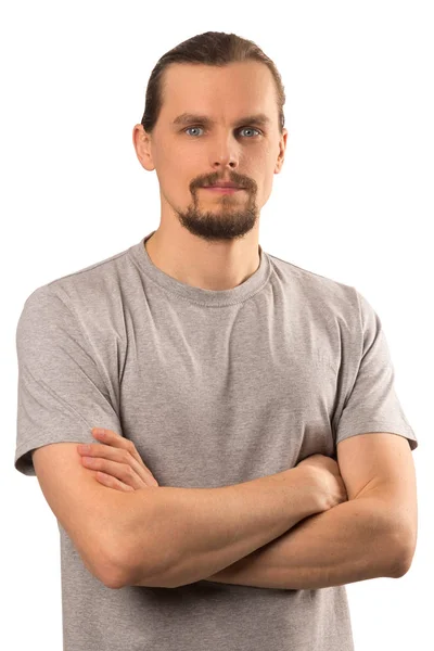 Retrato Hombre Caucásico Atractivo Barbudo Camiseta Gris Aislada Sobre Fondo — Foto de Stock