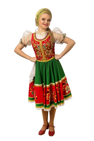 美丽的微笑的高加索女孩在俄国民间服装查出在白色背景 — 图库照片