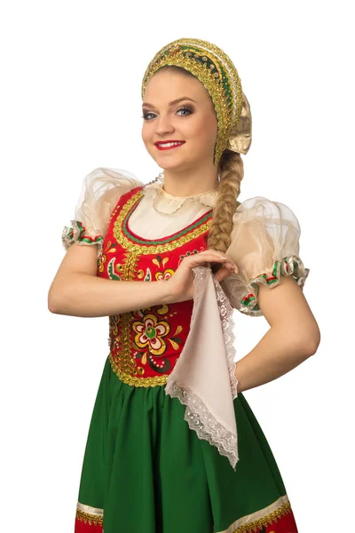 ロシアの民族衣装を白で隔離で笑みを浮かべて白人美女 — ストック写真