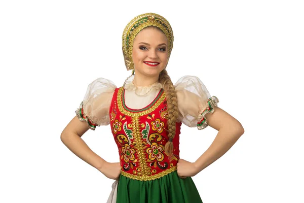 Schöne Lächelnde Kaukasische Mädchen Russischer Tracht Isoliert Auf Weißem Hintergrund — Stockfoto