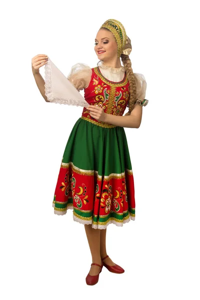 Schöne Lächelnde Kaukasische Mädchen Russischer Tracht Isoliert Auf Weißem Hintergrund — Stockfoto