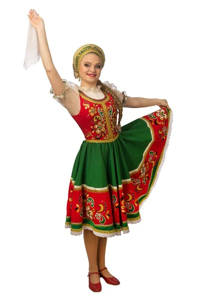 Schöne Lächelnde Kaukasische Mädchen Russischer Tracht Isoliert Auf Weißem Hintergrund — Stockfoto