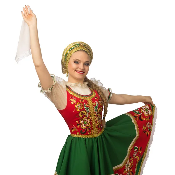Mooi Lachende Kaukasische Meisje Russische Folk Kostuum Geïsoleerd Witte Achtergrond — Stockfoto
