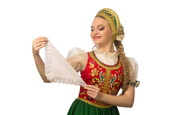 Schöne Lächelnde Kaukasische Mädchen Russischer Tracht Isoliert Auf Weißem Hintergrund — Stockfoto